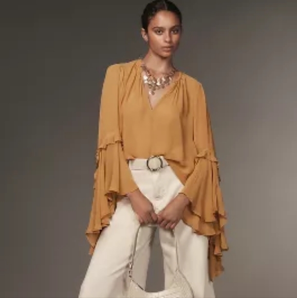 Anthropologie Tops - Anthropologie Flare-Sleeve V-Neck Blouse dark yellow